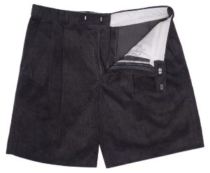 Gunmetal Grey Corduroy Short Trousers With Fixed Waistband, Belt Loops, Hip Pocket & Internal Side Adjusters. Unlined.