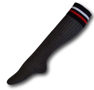 Knee Length Mid Grey Woollen Socks With A Black Top & White / Red Trim Bands