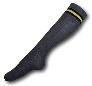 Knee Length Dark Grey Woollen Socks With Black / Yellow / Black Trim Bands.