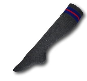 Knee Length Mid Grey Woollen Socks With Royal / Red / Royal Trim Bands. Size 7-11