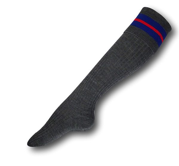 Knee Length Mid Grey Woollen Socks With Royal / Red / Royal Trim Bands ...