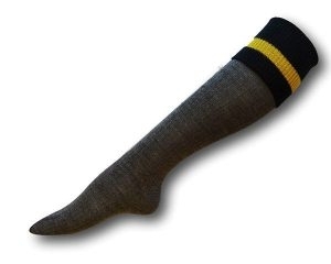 2 Ply Mid Grey Knee Length Woollen Socks With Solid Black Turnover Top & Yellow Band. Size 7-8