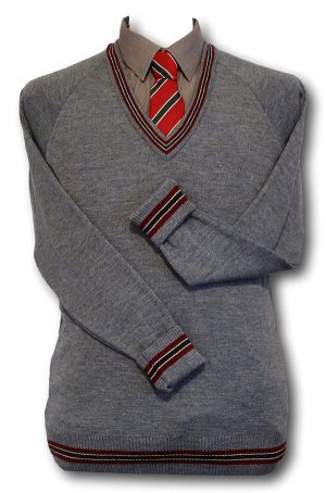 Grey 'V' Neck WOOLLEN School Uniform Jersey With Maroon, Green & White Trim At The Neck Line, Cuffs & Welt