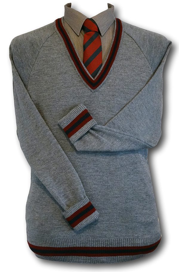 Grey 'V' Neck WOOLLEN School Uniform Jersey With Maroon & Navy Trim At ...