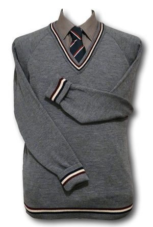 Grey 'V' Neck WOOLLEN School Uniform Jersey With Navy Maroon & White Trim At The Neck Line, Cuffs & Welt