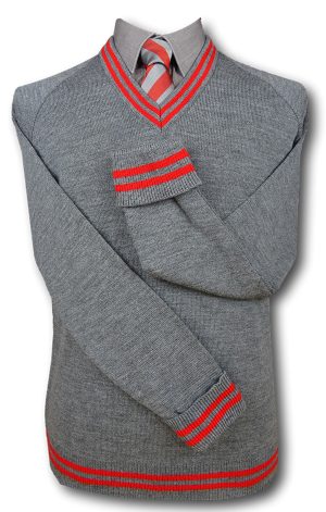 Grey 'V' Neck School Uniform Jersey With Red Trim At The Neck Line, Cuffs & Welt