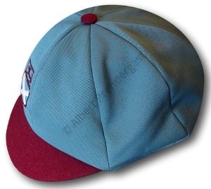 Sky Blue Polyester School Cap With Maroon Peak & Embroided Badge. 7 1/4 or 59cms
