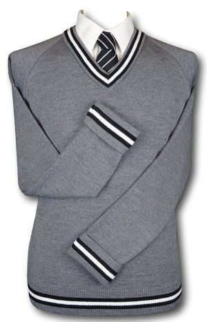 Grey 'V' Neck WOOLLEN School Uniform Jersey With Black White & Black Trim At The Neck Line, Cuffs & Welt
