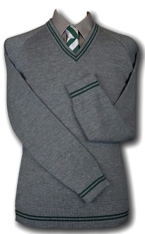 Grey 'V' Neck WOOLLEN School Uniform Jersey With Bottle Trim At The Neck Line, Cuffs & Welt