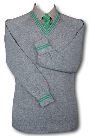 Grey 'V' Neck WOOLLEN School Uniform Jersey With Emerald Trim At Neck & Cuffs