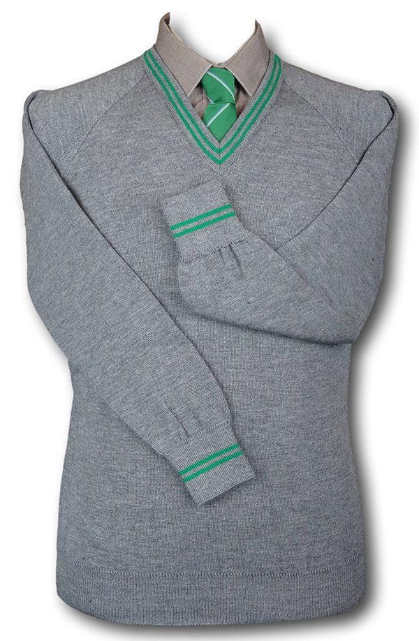 Grey 'V' Neck WOOLLEN School Uniform Jersey With Emerald Trim At Neck ...