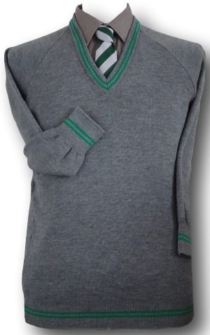 Grey 'V' Neck WOOLLEN School Uniform Jersey With Emerald Green Trim At The Neck Line, Cuffs & Welt