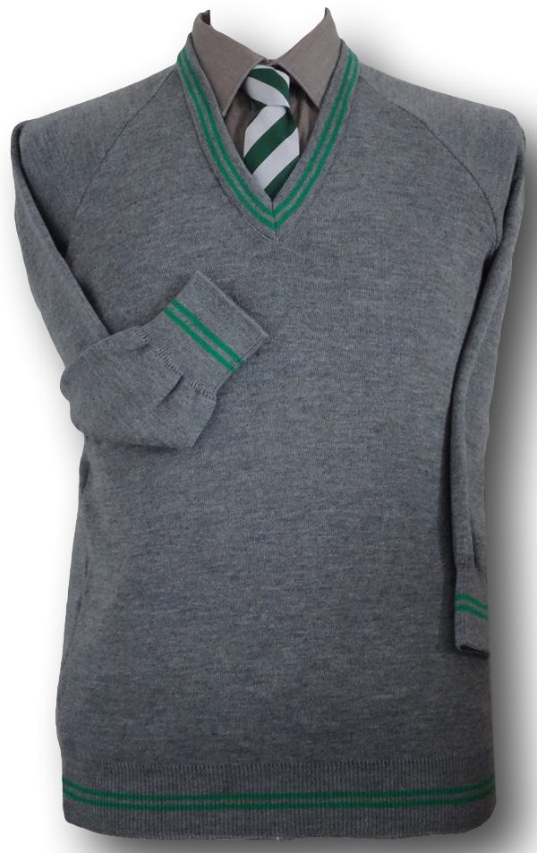 Grey 'V' Neck WOOLLEN School Uniform Jersey With Emerald Green Trim At ...