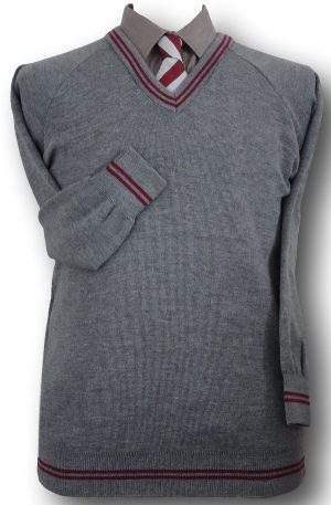 Grey 'V' Neck WOOLLEN School Uniform Jersey With Maroon Trim At The Neck Line, Cuffs & Welt