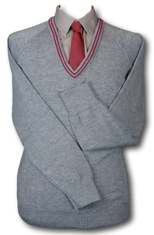 Grey 'V' Neck WOOLLEN School Uniform Jersey With Maroon Trim