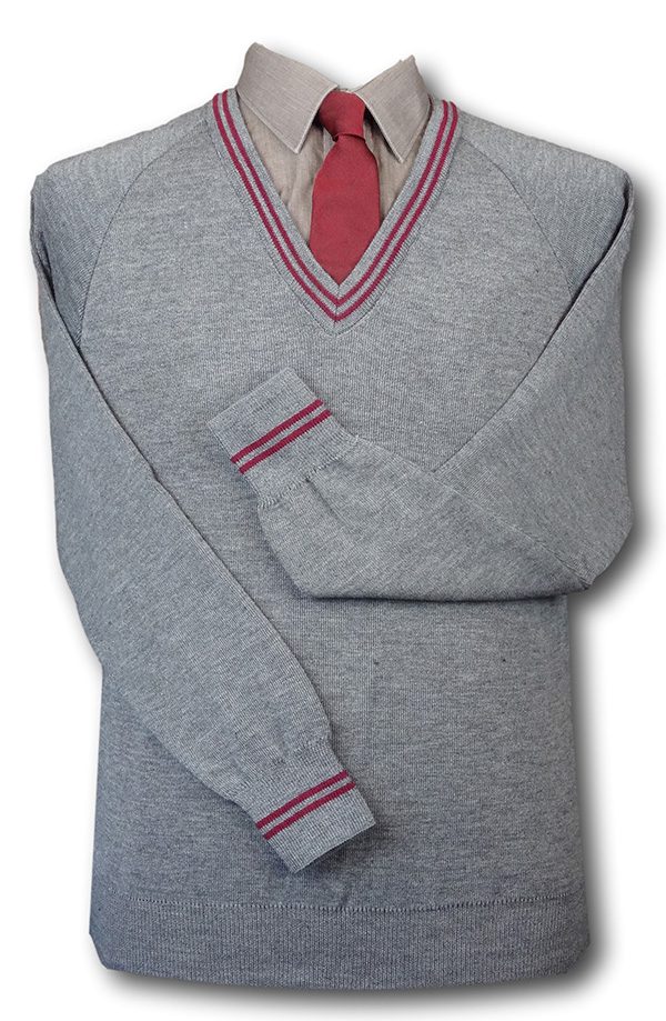 Grey 'V' Neck WOOLLEN School Uniform Jersey With Maroon Trim At Neck ...