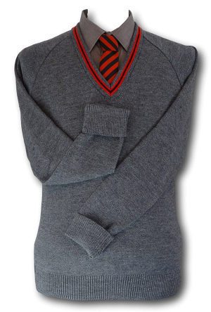 Grey 'V' Neck WOOLLEN School Uniform Jersey With Red & Black Trim