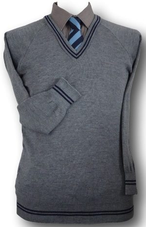 Grey 'V' Neck WOOLLEN School Uniform Jersey With Navy Blue Trim At The Neck Line, Cuffs & Welt