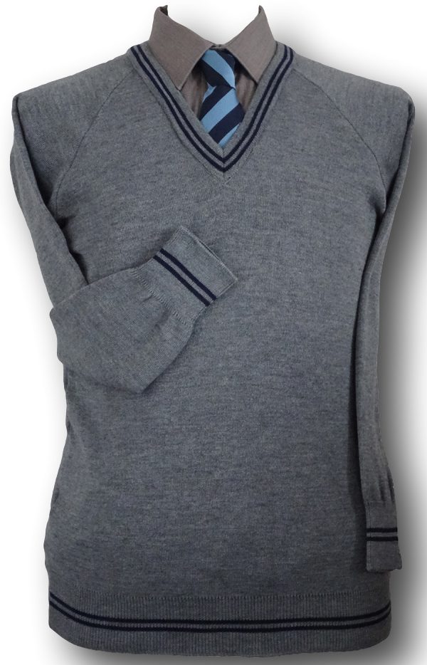 Grey 'V' Neck WOOLLEN School Uniform Jersey With Navy Blue Trim At The ...