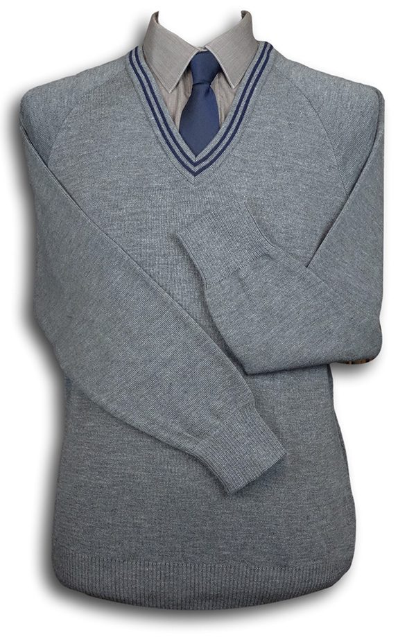 Grey 'V' Neck WOOLLEN School Uniform Jersey With Navy Blue Trim ...