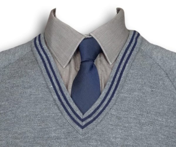 Grey 'V' Neck WOOLLEN School Uniform Jersey With Navy Blue Trim - Image 3