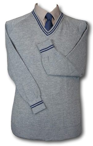 Grey 'V' Neck WOOLLEN School Uniform Jersey With Navy Blue Trim At Neck & Cuffs