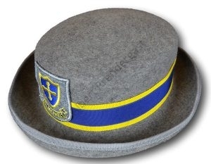 Traditional Girls Grey Felt Hat With Royal & Yellow Hat Band & Badge. Size 7 Or 57cms