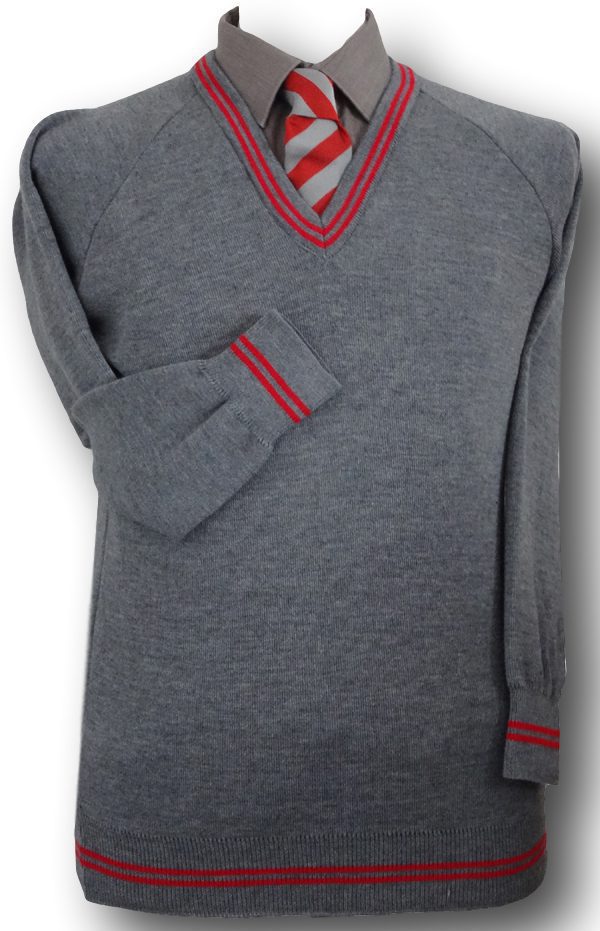 Grey 'V' Neck WOOLLEN School Uniform Jersey With Red Trim At The Neck ...