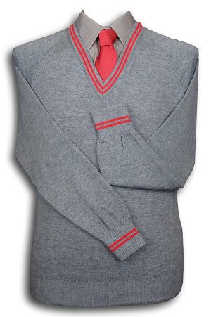 Grey 'V' Neck WOOLLEN School Uniform Jersey With Red Trim At Neck & Cuffs
