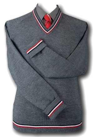 Grey 'V' Neck WOOLLEN School Uniform Jersey With Black White & Red Trim At The Neck Line, Cuffs & Welt