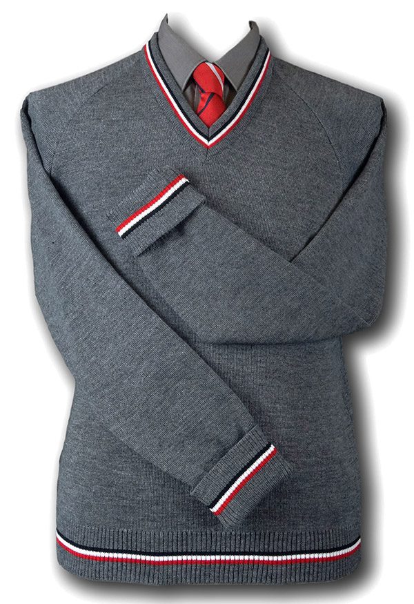 Grey 'V' Neck WOOLLEN School Uniform Jersey With Black White & Red Trim ...