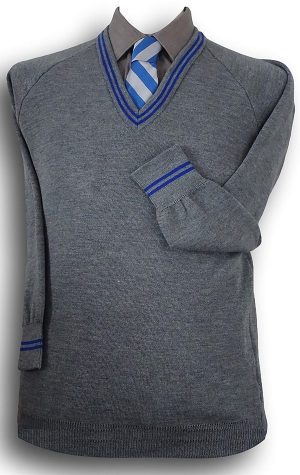 Grey 'V' Neck WOOLLEN School Uniform Jersey With Royal Blue Trim At Neck & Cuffs