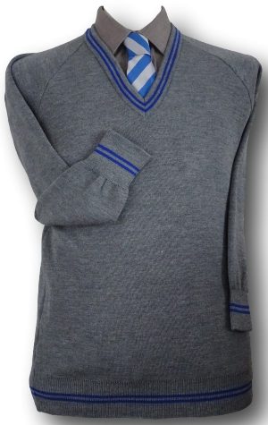 Grey 'V' Neck WOOLLEN School Uniform Jersey With Royal Blue Trim At The Neck Line, Cuffs & Welt