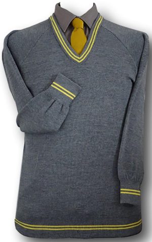 Grey 'V' Neck WOOLLEN School Uniform Jersey With Yellow Trim At The Neck Line, Cuffs & Welt