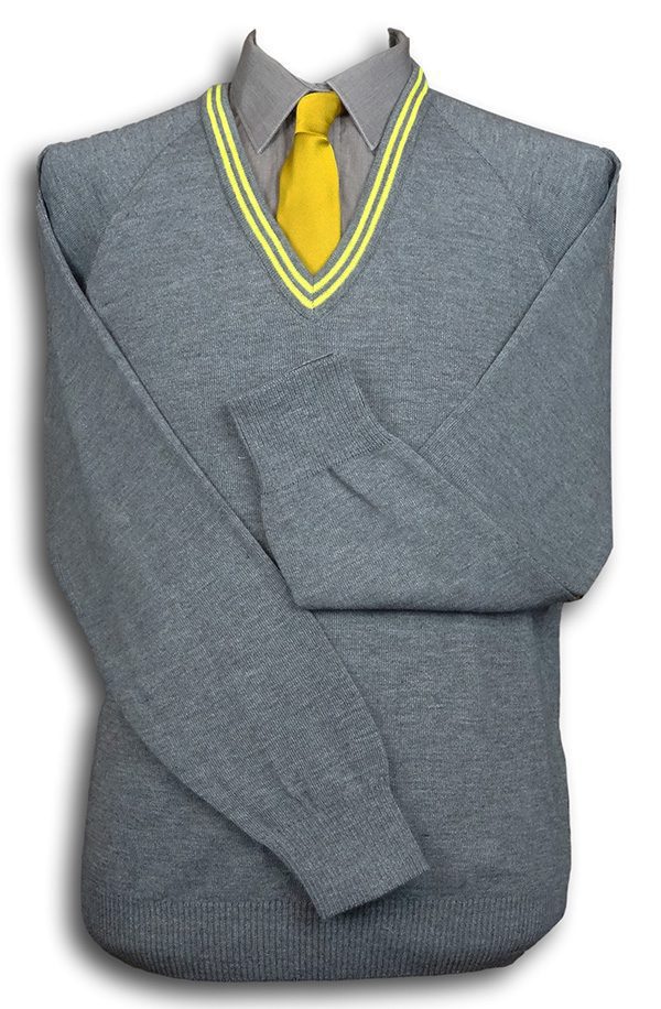 Grey 'V' Neck WOOLLEN School Uniform Jersey With Yellow Trim | Albert ...