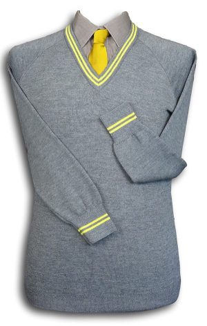 Grey 'V' Neck WOOLLEN School Uniform Jersey With Yellow Trim At Neck & Cuffs
