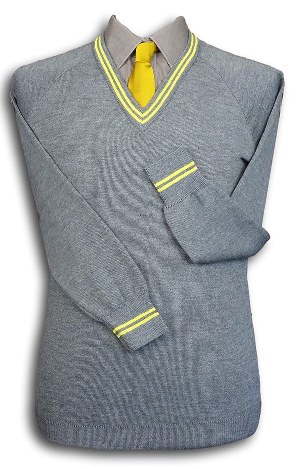 Grey 'V' Neck WOOLLEN School Uniform Jersey With Yellow Trim At Neck ...