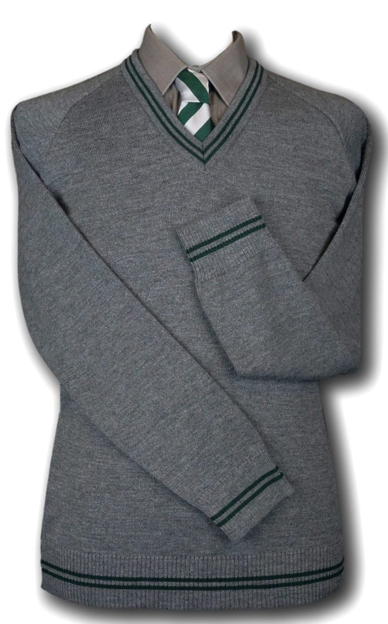 Grey 'V' Neck WOOLLEN School Uniform Jersey With Bottle Green Trim At ...