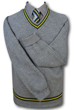 Grey ‘V’ Neck School Uniform Jersey With Green & Yellow Trim At Neck & Welt 40"