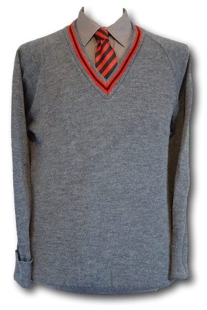 Grey ‘V’ Neck School Uniform Jersey With Red & Black Trim At The Neck 42"