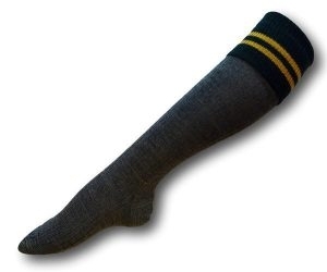 2 Ply Mid Grey Knee Length Woollen Socks With A Green Top & Yellow Trim Bands. Size 7-8