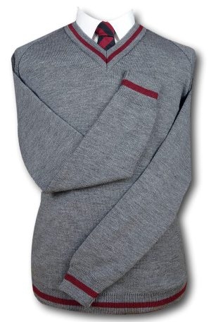 Grey 'V' Neck School Uniform Jersey With Single Maroon Trim Band At The Neck Line, Cuffs & Welt