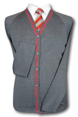 Grey Girls School Uniform Cardigan With Red Trim